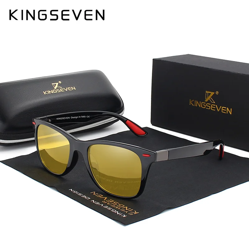 KINGSEVEN, брендовые классические мужские Поляризованные Квадратные Солнцезащитные очки, зеркальные линзы, унисекс, солнцезащитные очки, черная оправа, очки - Цвет линз: night vision