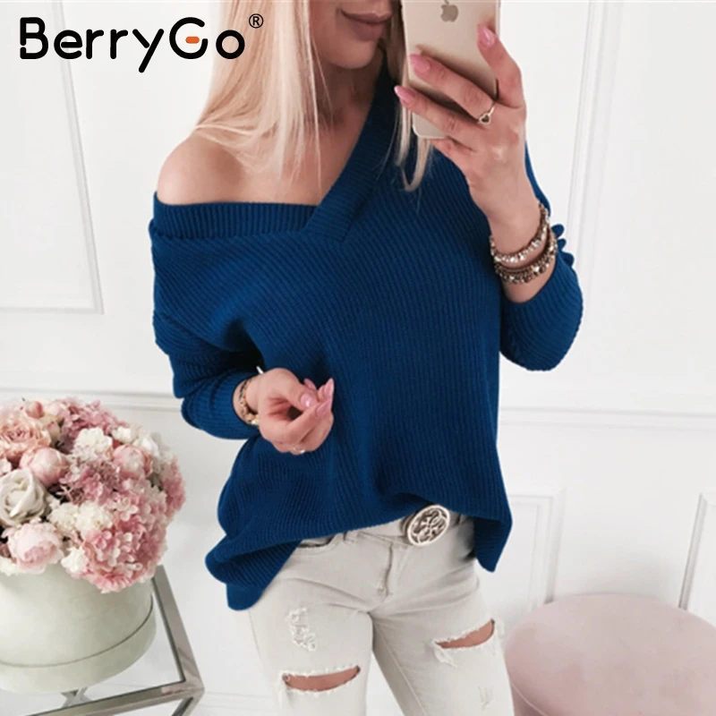 BerryGo пикантные осенние женские вязаные пуловеры с v-образным вырезом свитер на