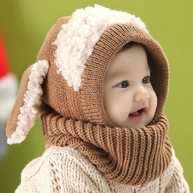 Winter Hats for Kids Girls Boys Baby Rabbit Ears Knitted Hat Children Crochet Warm Caps With Hooded Scarf Set | Детская одежда и