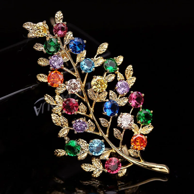 Zlxgirl high Metal copper colorful leafs Shape Brooches Zircon bridal Jewelry For Women's Luxury Brooch Pins men jewelry | Украшения и
