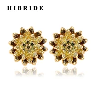 hibride 3 colors beautiful flower yellow cubic zirconia stud earrings women fashion jewelry classic female earring brincos e 372