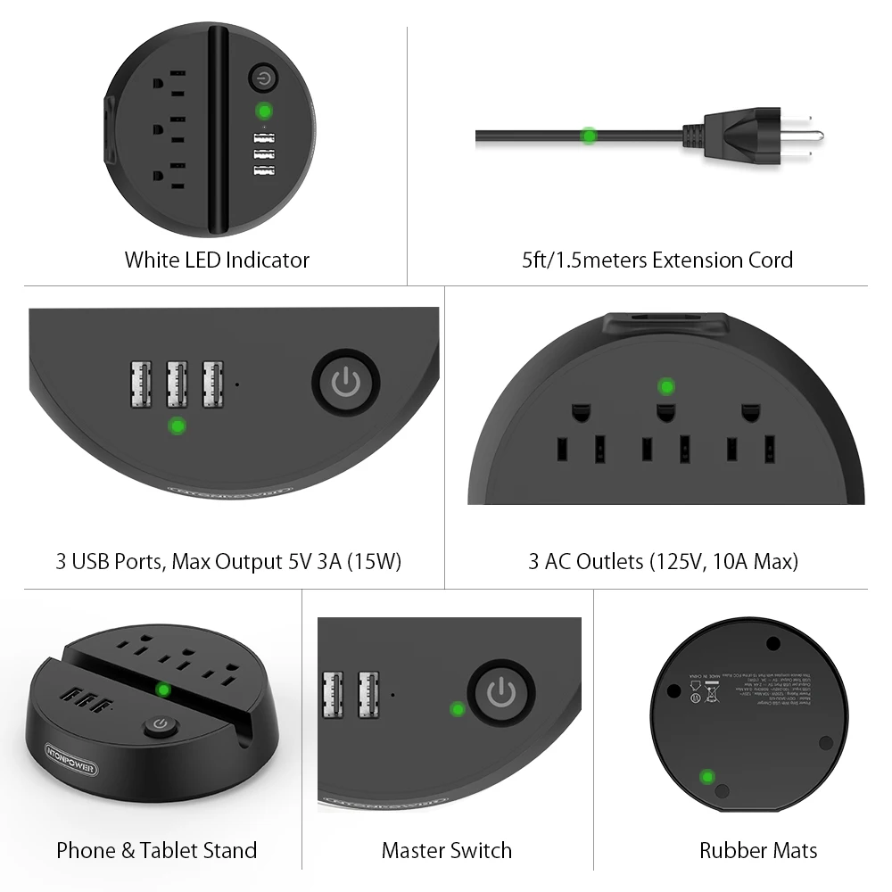 NTONPOWER ODY Портативный USB дорожный удлинитель US электрическая розетка 3 розетки переменного тока 3 порта usb для зарядки с держателем для телефона