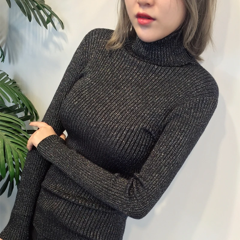 Glitter Turtleneck Sweater Women Pullover High Elasticity Knitted Ribbed Jumper Womens Sweaters 2018 Winter Autumn Basic | Женская
