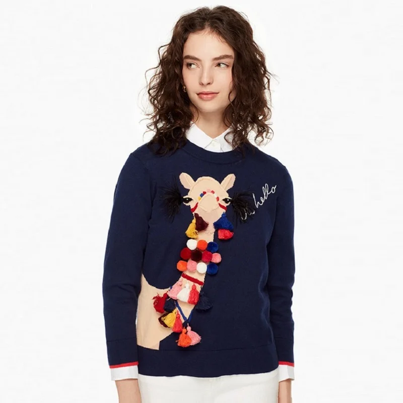 2018 Fall Winter Knitted Pullovers Runway Design Women's Sweater Character Camel Tassel Hairball Chic Knitwear Tops Jumper | Женская