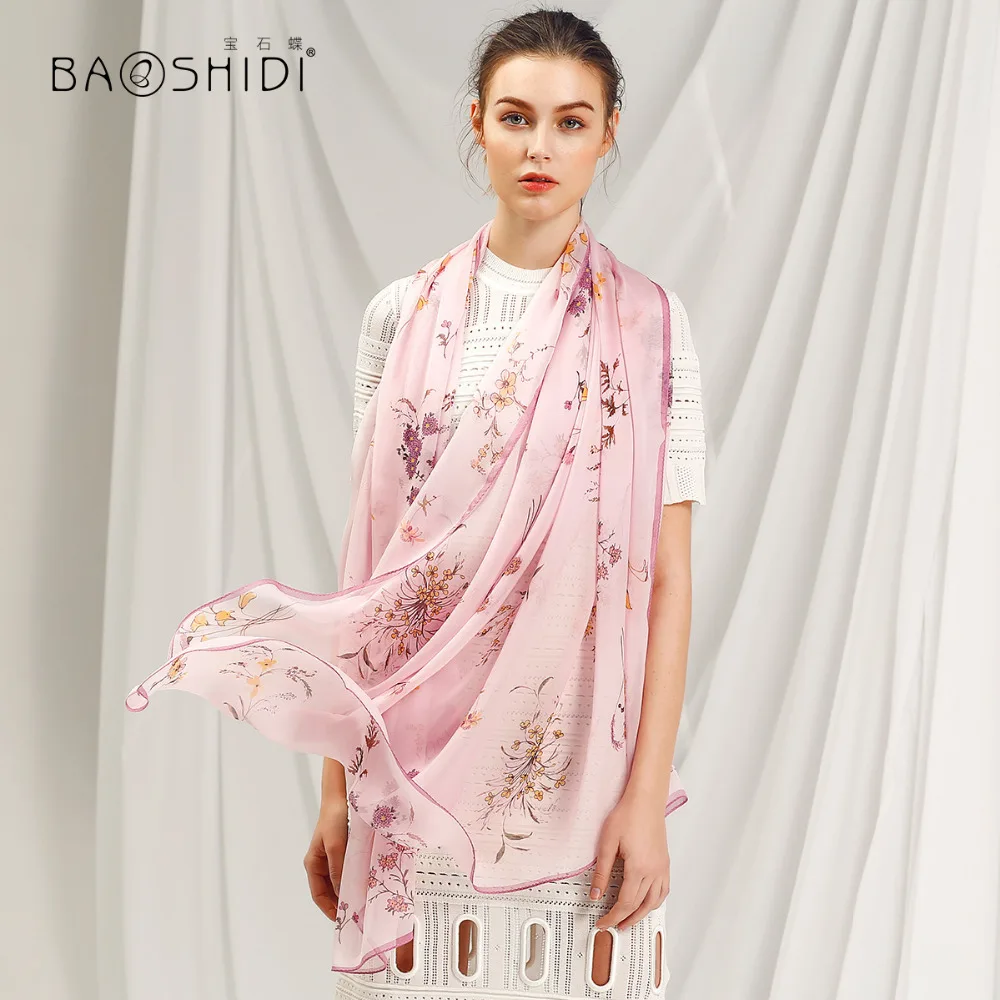 Женский шарф BAOSHIDI из 100% шелка модные длинные шелковые шарфы шифона большой
