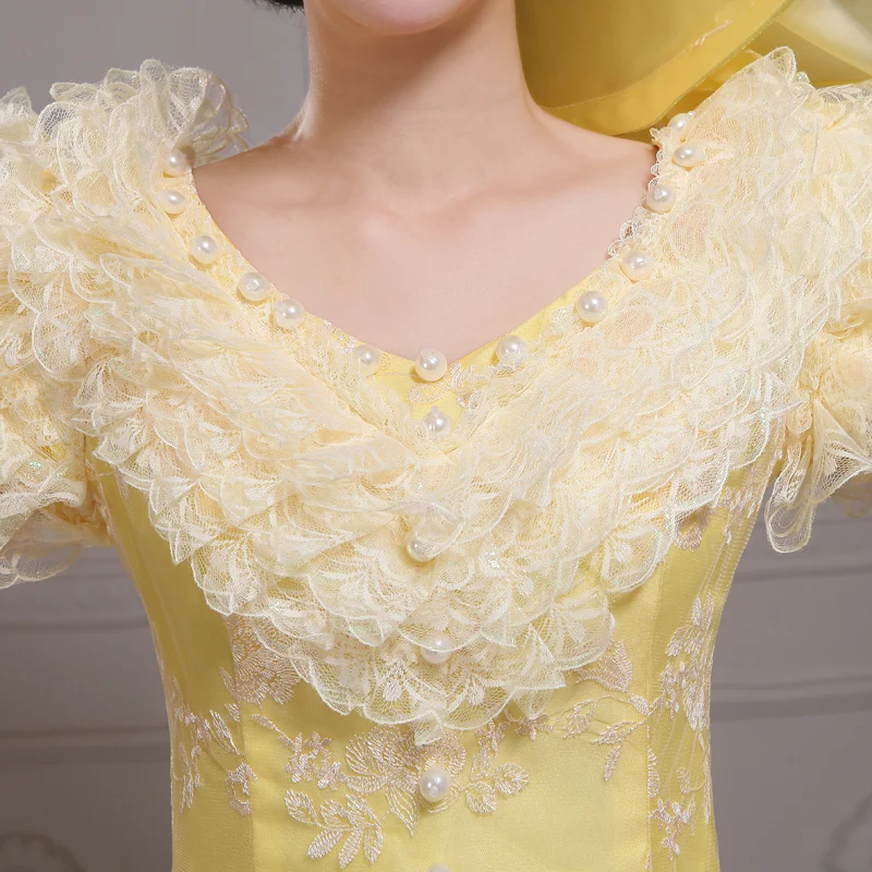 2018 желтые сетчатые платья маскарада с длинными расклешенными рукавами и V