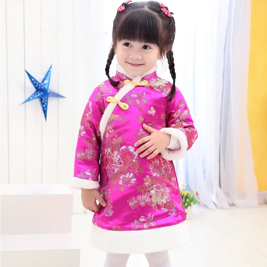 

2020 Floral Festival Baby Girls Long Sleeve Dress Winter Warmer Girl Down Jacket Dresses Children Cheongsam Outwear Blouses