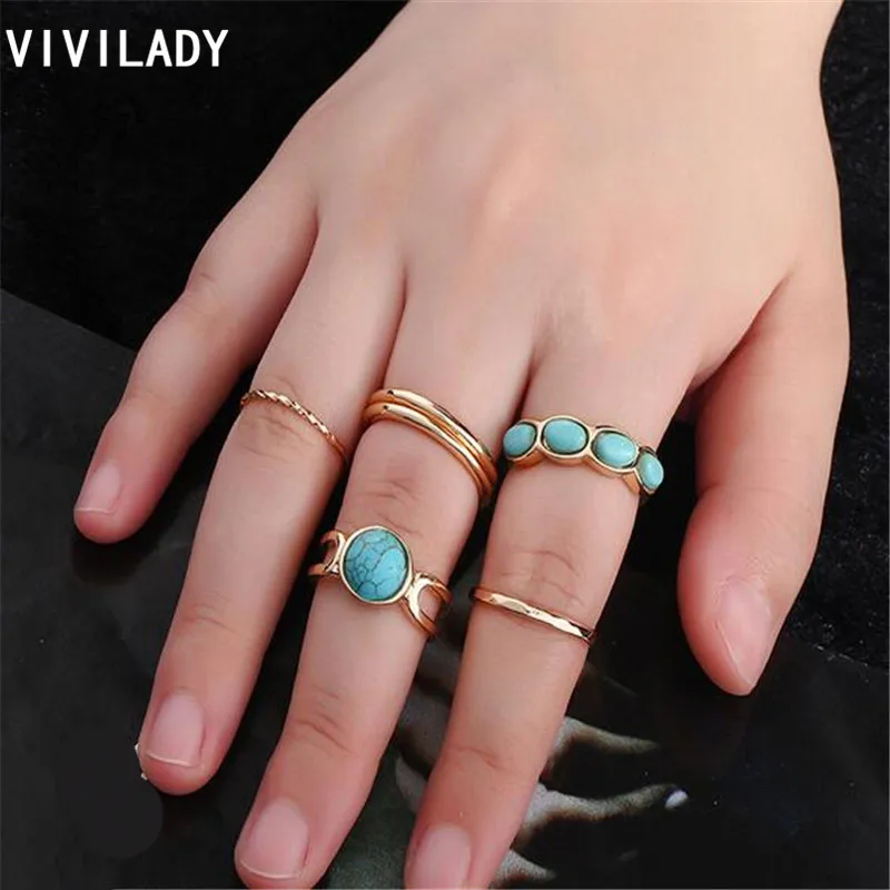 VIVILADY Bohemian 6pcs Boho Natural Blue Stones Steampunk Finger Midi Knuckle Ring Sets Anel Accessory Women Girl Birthday Gifts | Украшения