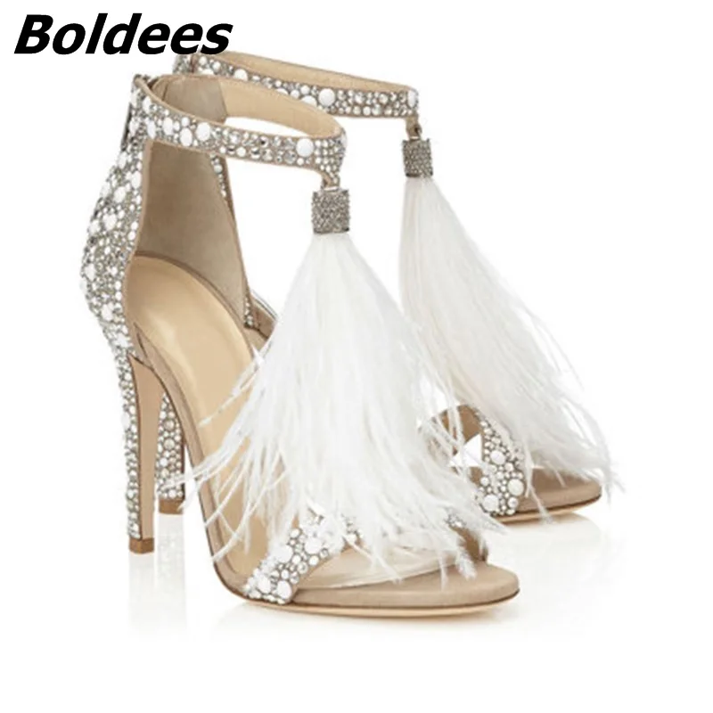 

Fashion Embellished Crystal White High Heel Shoes Woman Feather Fringed Rhinestone Heeled Sandals Bridal Wedding Shoes Women