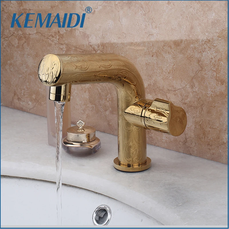 

KEMAIDI Luxury Golden Finished Good Quality Single Holder Bathroom Basin Sink Mixer Tap Faucet Deck Mounted Single Handle