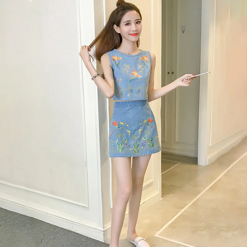 Модные летние джинсовые комплекты с платьем из 2 предметов модные топы вышивкой и