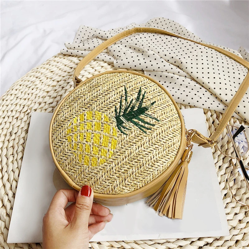 EaseHut Boho женские круглые соломенные сумки с вышивкой в виде листьев ананаса винтажные праздничные летние пляжные Дикие повседневные маленькие плетеная Сумка из ротанга