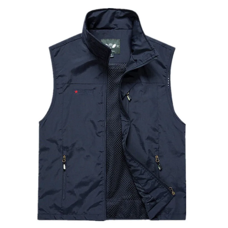 Navy Blue Vest Летний сетчатый жилет, мужской тонкий дышащий классический жилет с несколькими карманами, мужской жилет для фотографа, куртка без рукавов Colete masculino - Цвет: Navy Blue Vest