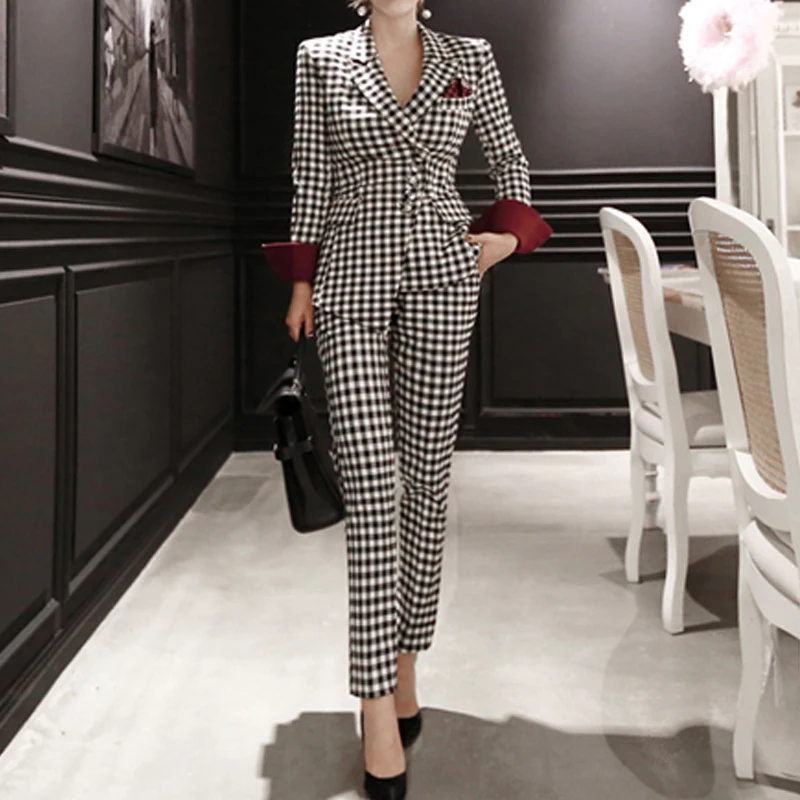 Fall/winter Women's Suit Temperament Fashion Plaid Small Slim Commuter Pants Two-piece Women Tops and Pant | Женская одежда