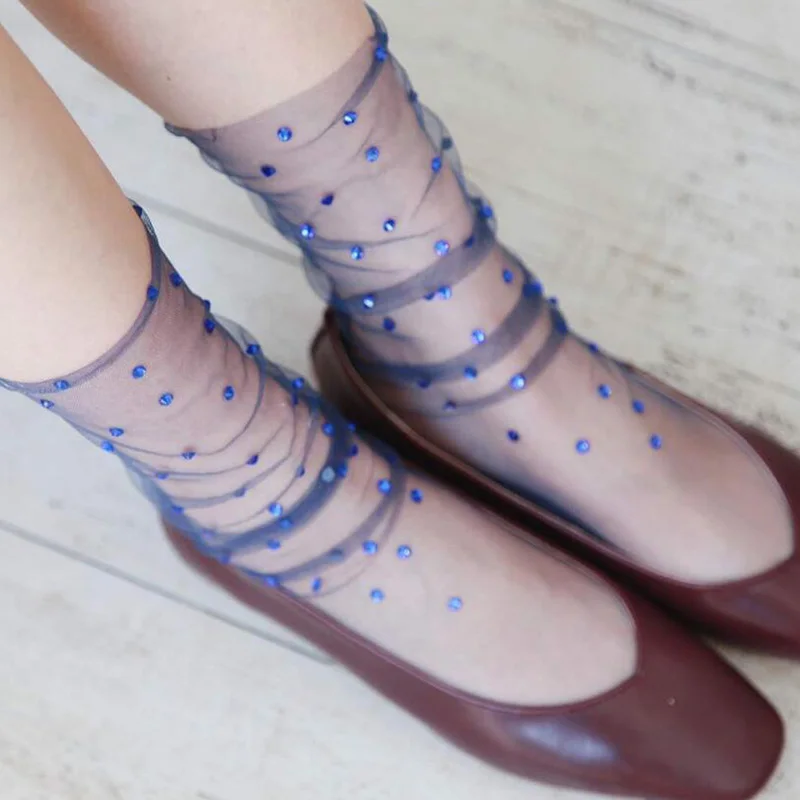 ZZIYEETTM 1 Pair Summer Trendy Romantic Shiny Socks Breathable Chic Glitter Crystal Ultra-thin Lace for Girls | Женская одежда