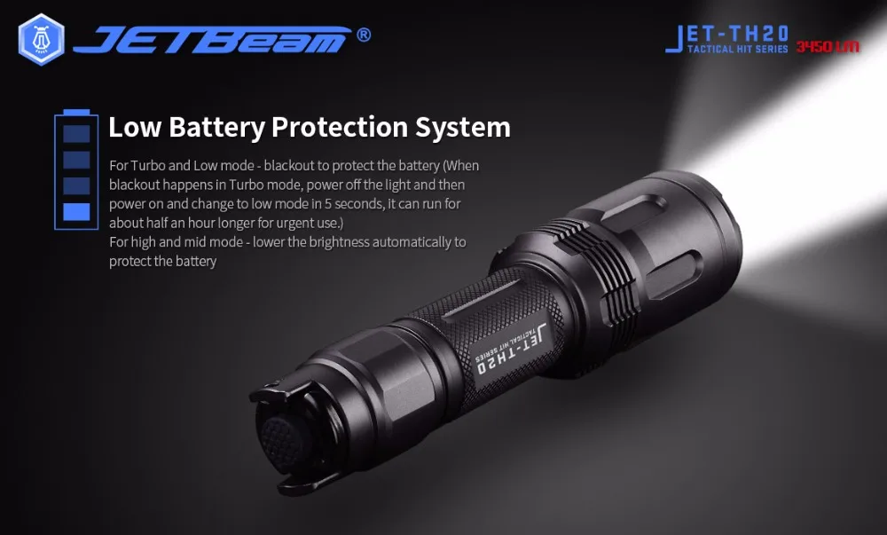 Тактический фонарь JETBeam TH20 светодиодный CREE XHP70.2 светодиодный Макс. 3450 лм дальность луча 320 метров+ 2600 мАч высокая скорость 18650 батарея