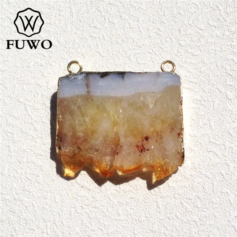 

FUWO Rectangle Natural Citrines Pendant 24k Gold Electroplated Yellow Crystal Semi-precious Stone Jewelry Wholesale PD137