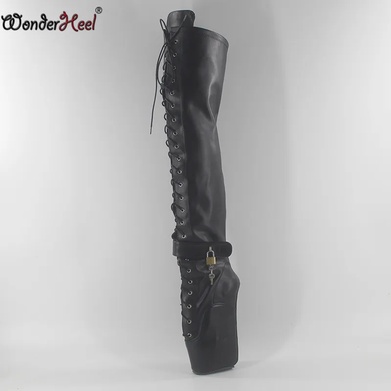 Wonderheel/балетные сапоги до бедра на очень высоком каблуке 7 дюймов; пикантные Черные Сапоги выше колена на высоком каблуке со шнуровкой и блестящими висячими замками