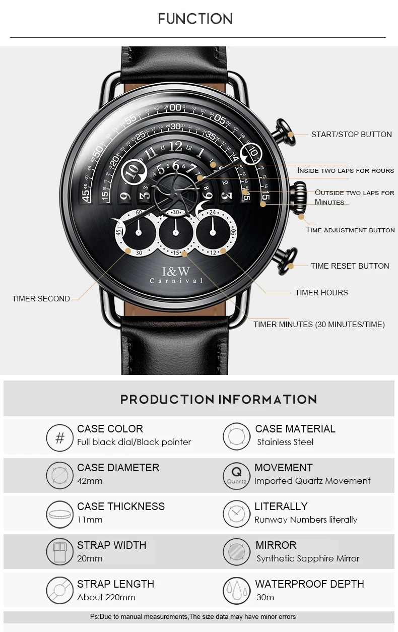 CARNIVAL I& W Avant Sport BigDial кварцевые мужские часы TopBrand Роскошные стимпанк сапфировое зеркало черная кожа водонепроницаемый Montre