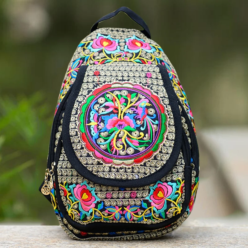 Винтажный вышитый этнический холщовый рюкзак сумка на спину для женщин - Фото №1