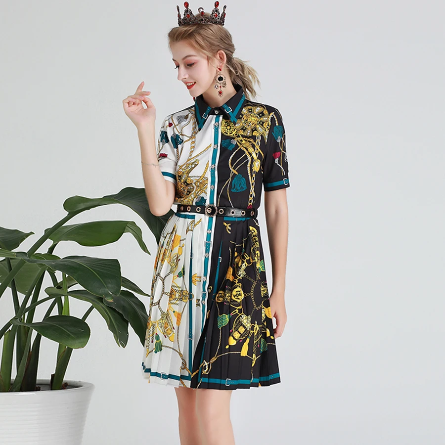 Женское платье с принтом AELESEEN винтажное плиссированное средней длины поясом