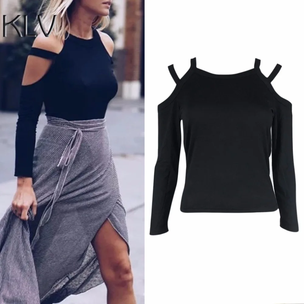 Fashion Women Sexy Knitted Long Sleeve Cold Shoulder Bandage Slim Fit Knitted Crop Tops Pullover 2018 New KLV