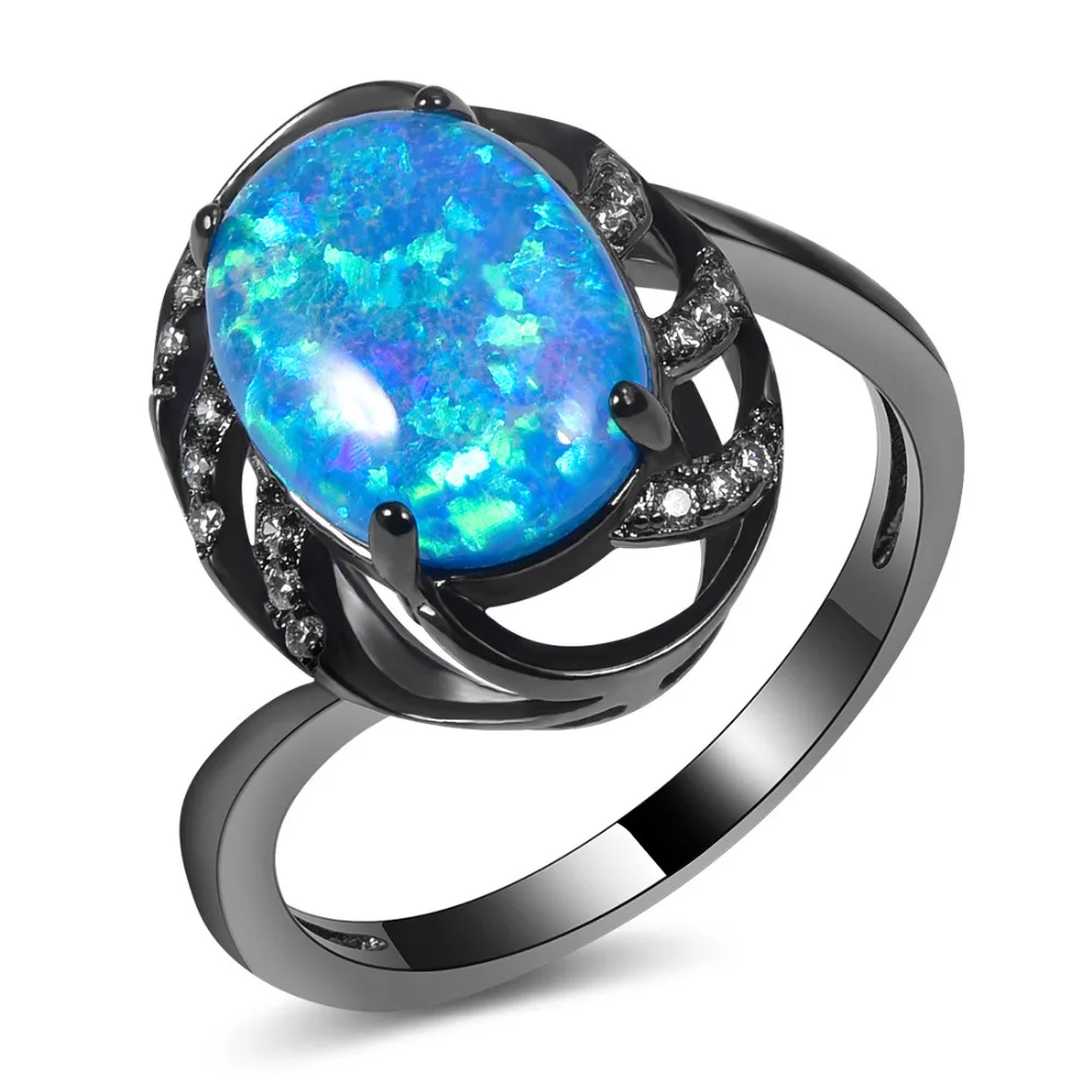 Женское изысканное обручальное кольцо с голубым огненным опалом 14 карат Черное