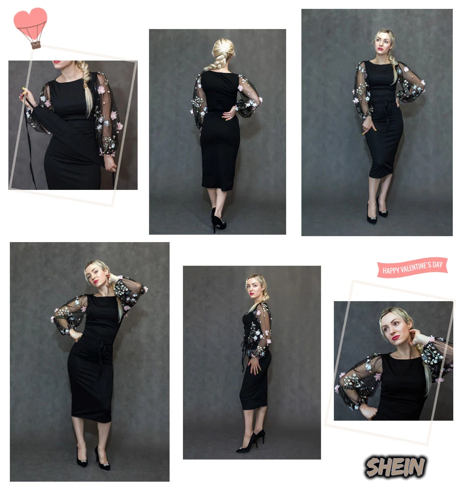 SHEIN черное платье-карандаш с аппликацией и вышитыми сетчатыми рукавами, женские осенние элегантные повседневные платья-карандаш с вырезом лодочкой
