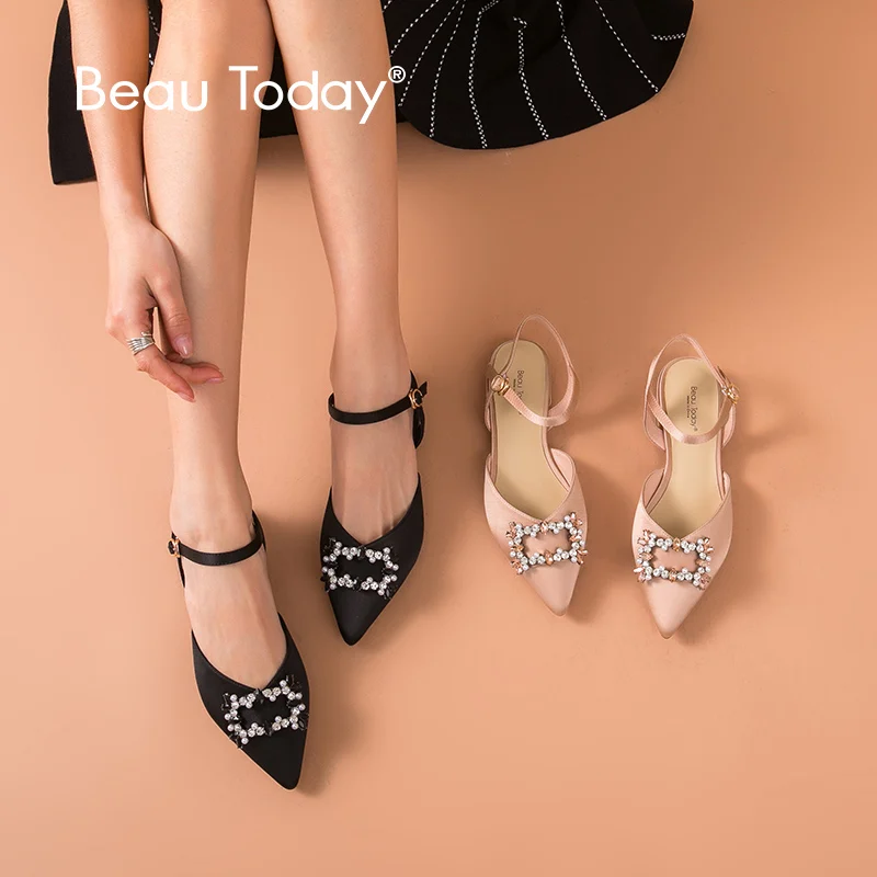 BeauToday Crystal Sandals Women Satin Cloth Pointed Toe Buckle Strap Ladies Party Wedding Summer Flats Handmade 32144