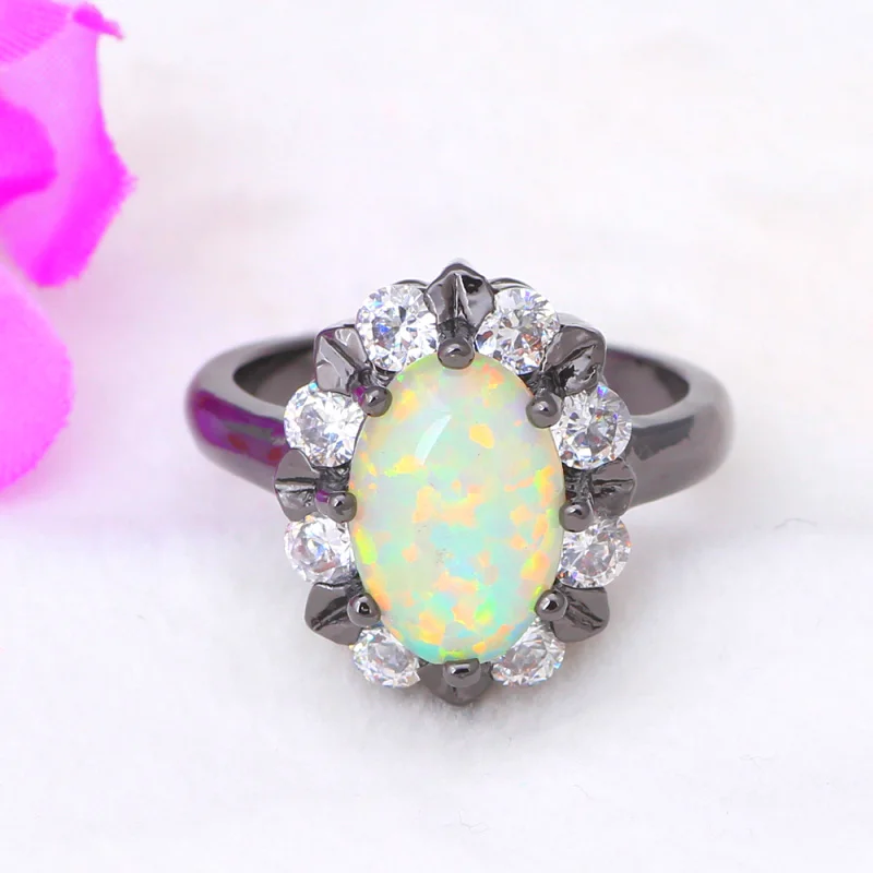 Уникальный дизайн сверкающий циркон Белый огненный опал Черное золото