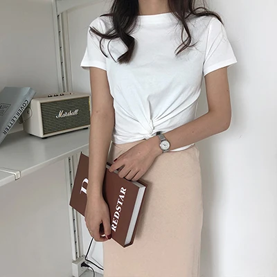 White CamKemsey корейские новые короткие однотонные летние футболки женские повседневные с круглым вырезом модные белые футболки с коротким рукавом - Цвет: White