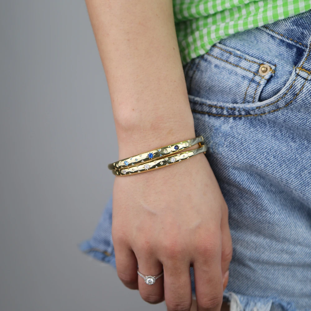 starry star starburst design signet Gold bangle bracelet for women fashion white blue CZs | Украшения и аксессуары
