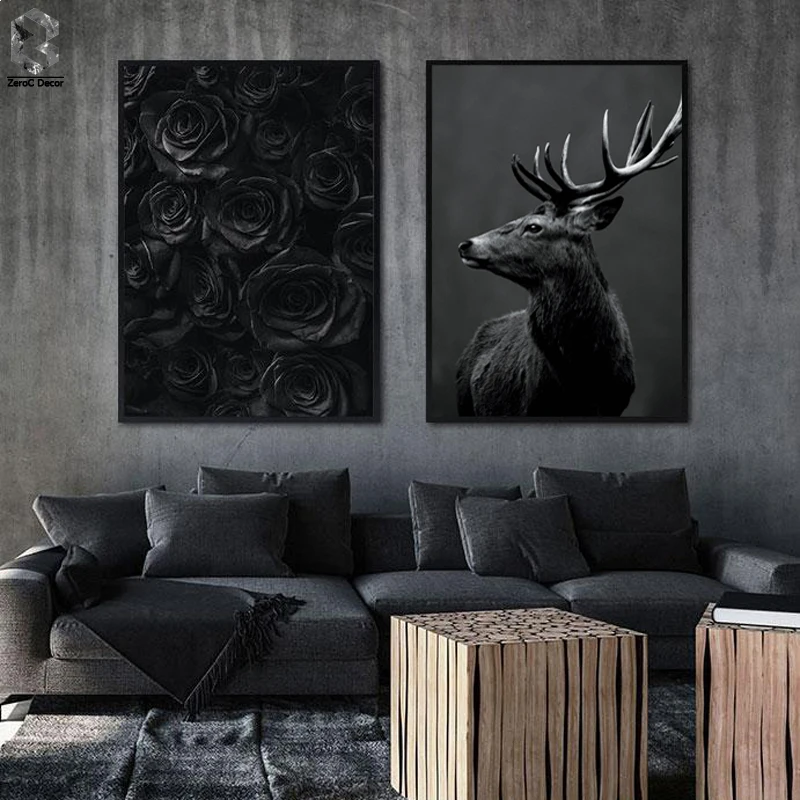 

Scandinavian Black White Poster Nordic Canvas Wall Art Print Elk Painting Decorative Picture Flower Rose Home Decoration