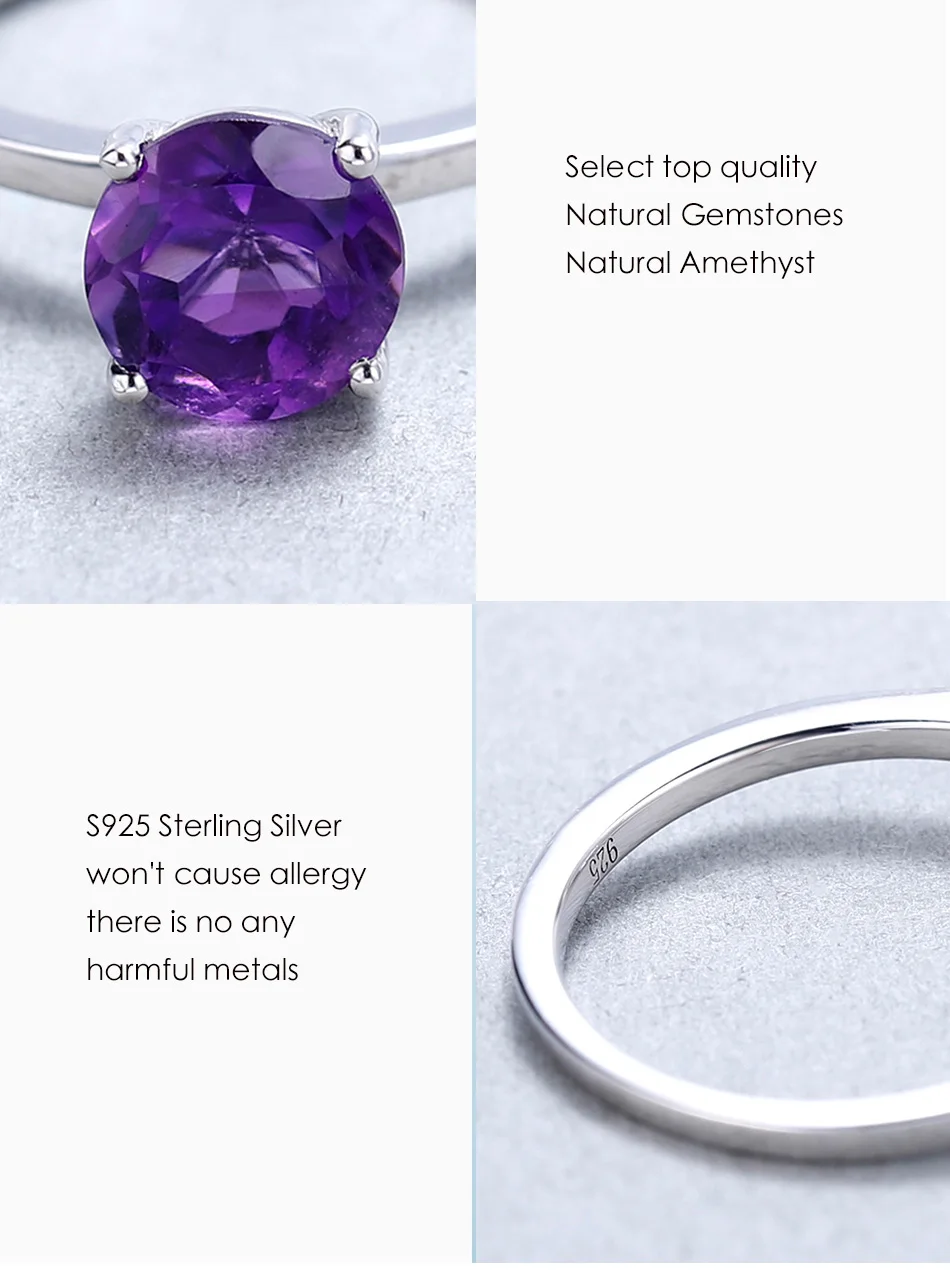 GEM'S BALLET 2.01Ct круглое натуральное Помолвочное кольцо с аметистом, кольца, 925 пробы, серебро, четыре зуба, миниатюрное, комфортное, подходит, кольцо для женщин