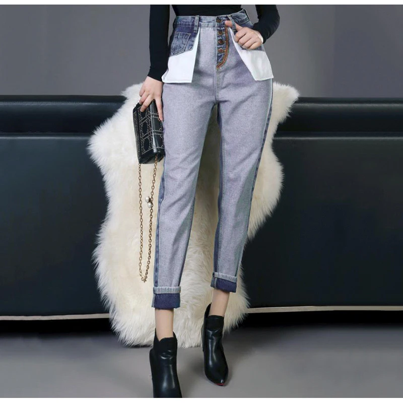NLW NEW Women Casual High Waist Jeans Casual High Street Jeans Female Stylish Spliced Fake Pocket Long Pants Capris