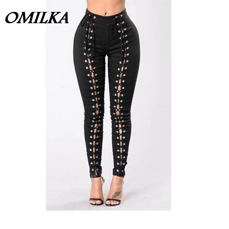 

OMILKA 2017 Summer Women High Waist Cross Lace Up Bandage Trousers Pants Sexy Black Hollow Out Club Party SkinnyPencil Leggings