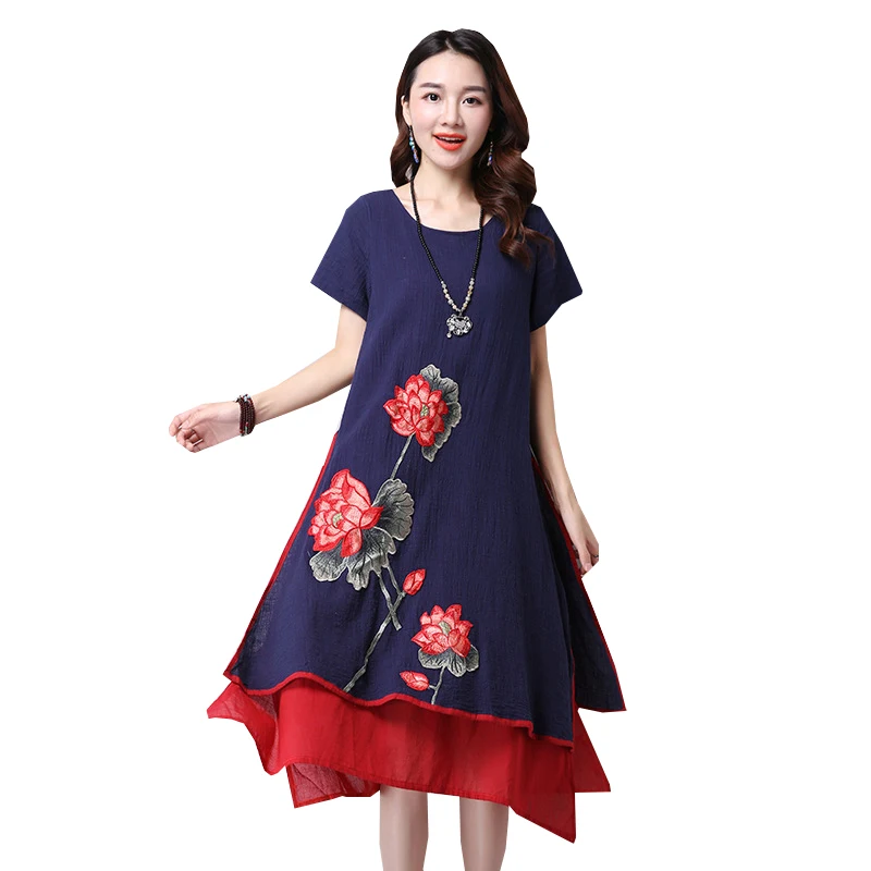 Женское винтажное платье с вышивкой длинное из хлопка и льна коротким рукавом