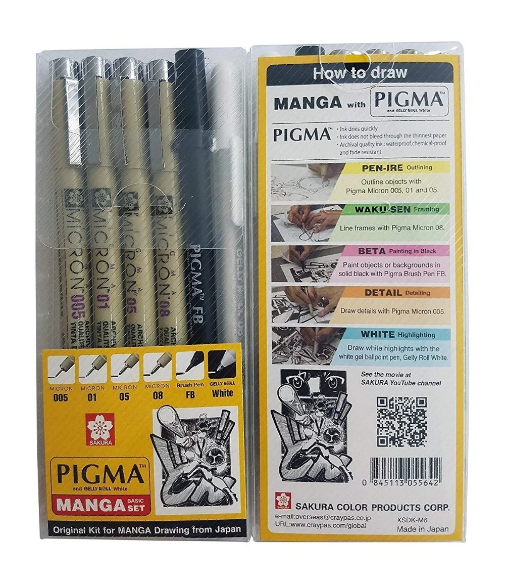 6 шт. Sakura ручка Pigma micron, Archival пигментные чернила ручки для рисования манга набор(005,01, 05,08, FB Кисть ручка, гелли РОЛИК ручка белый