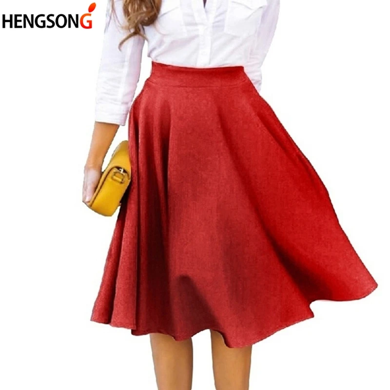

2020 Spring Summer Fashion Office Lady Knee Length Skirt Big Hem Pleated Skirt Women Solid High Waist Skirts Female Faldas Mujer