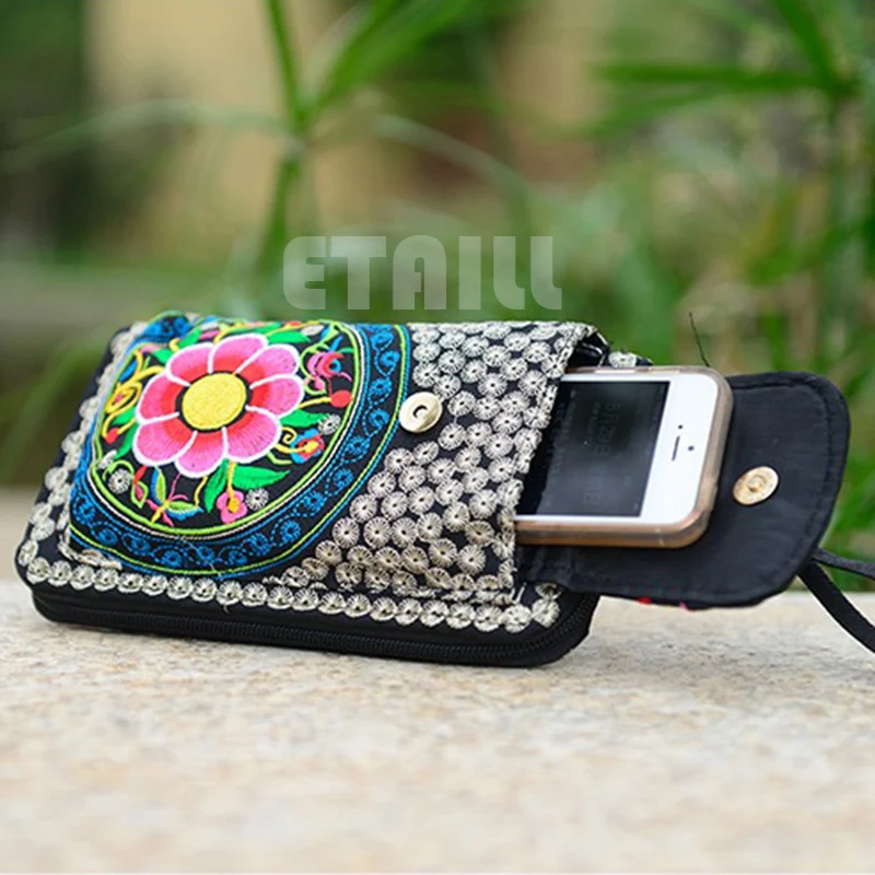 Женский холщовый клатч с вышивкой длинный однотонный карманом для телефона и