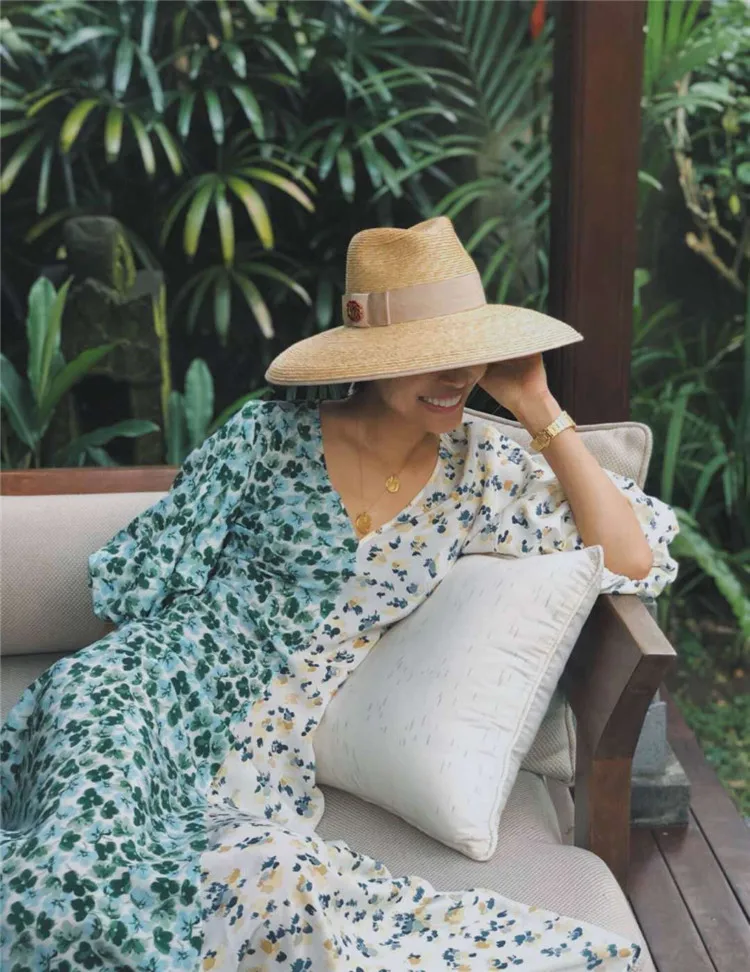 2019 Summer Deep V-neck Chiffon dress Puff Sleeve flower print Long Dress contrast color symmetry Vintage Fashion maxi M | Женская