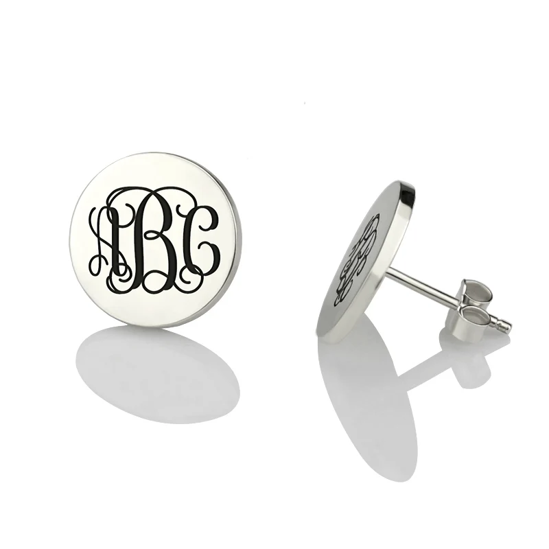 

Wholesale Monogram Stud Earrings Circle Engraved Monogram Initial Earrings Sterling Silver Bridesmaid Earrings for Women