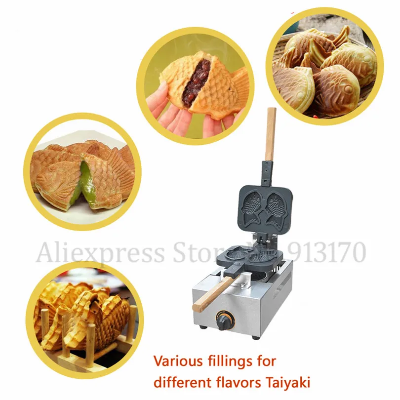 Антипригарная 2 формы рыба тайяки вафельница газовая рыба торт Taiyaki пекарь плита коммерческого использования деревянные ручки