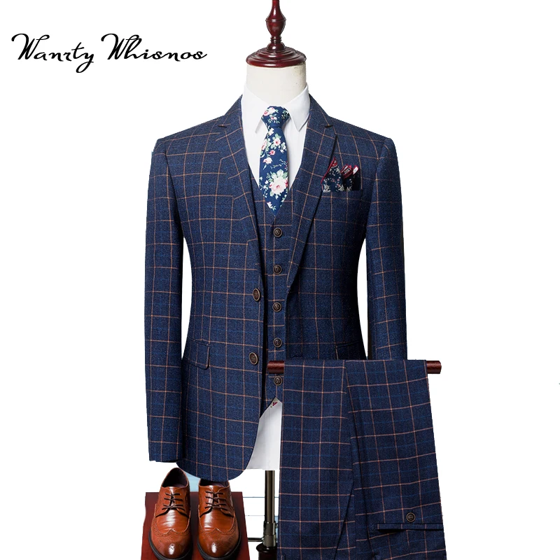 8 Pieces/set 2018 Good Quality Fashion Plaid Wedding Suits For Men Double Button Mens Business Suit Tuxedos