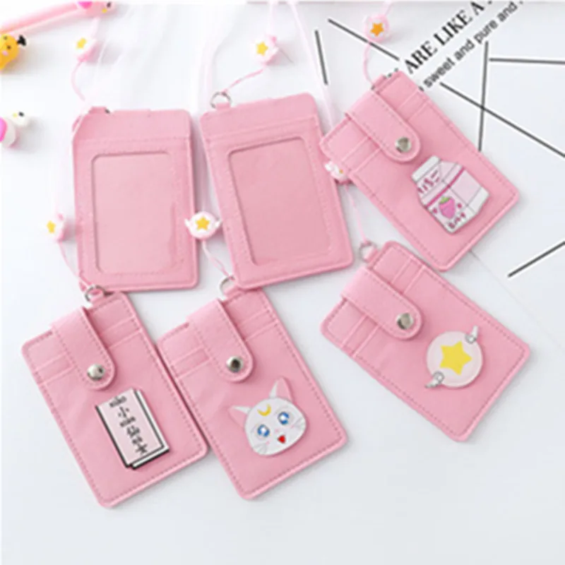 1 шт. Kawaii розовый Сейлор Мун из искусственной кожи держатель для карт ID сумка для женщин дорожный банк автобус кредитный держатель для карт Брелок чехол - Цвет: White cat