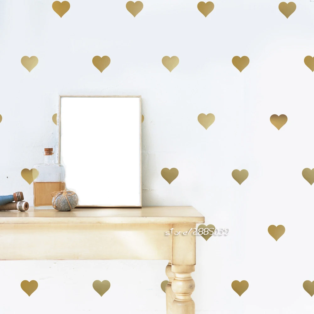 64pcs/set Heart Wall Stickers Gold Metallic Vinyl Decals Decoration Kids Baby Room Removable Home Design Wallpaper SA535 | Дом и сад