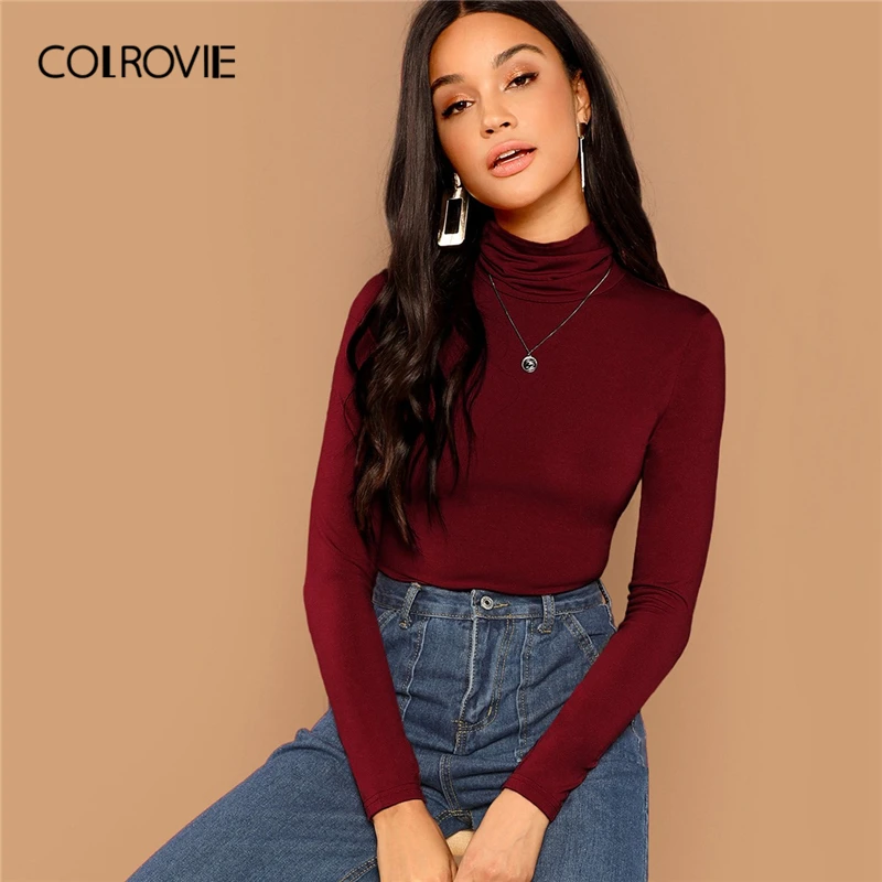COLROVIE бордовая однотонная Рождественская облегающая повседневная женская футболка с высоким воротником Весенняя модная Корейская Элегантная футболка с длинным рукавом