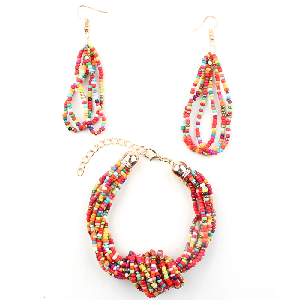 Многослойный винтажный браслет и серьги с бусинами в этническом стиле |