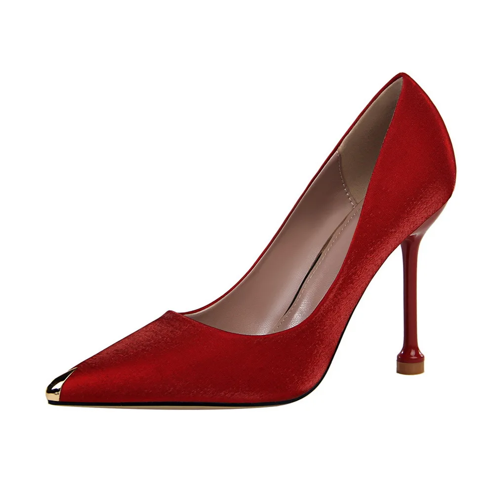 Koovan Women's Pumps 2022 Fashion Banquet Women's Shoes High-heeled Satin Shallow Metal Pointed Sexy Single Shoes For Women