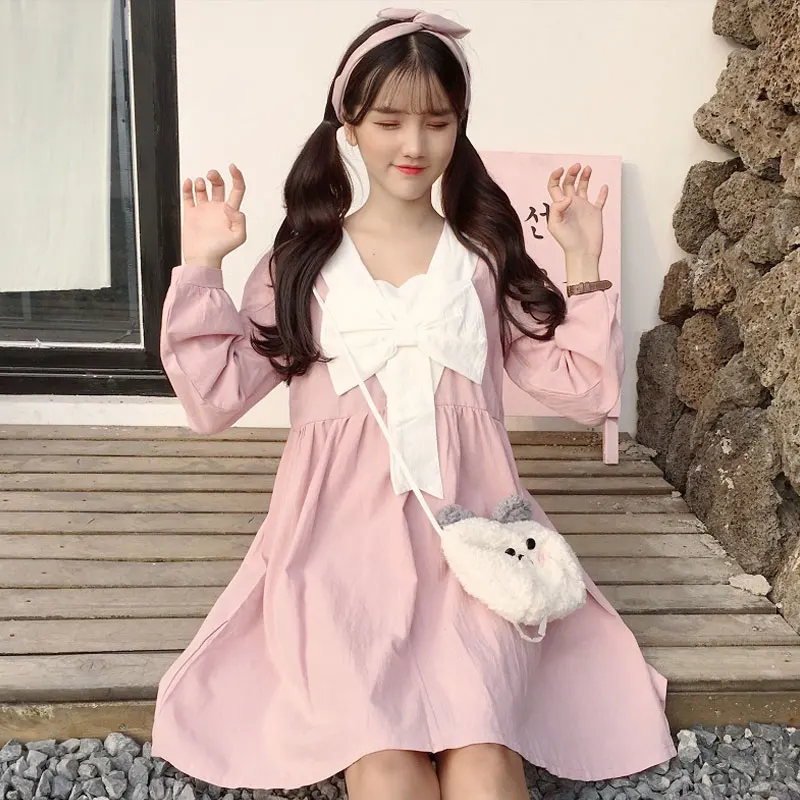 Весеннее женское японское мягкое маленькое свежее платье с бантом Свободное